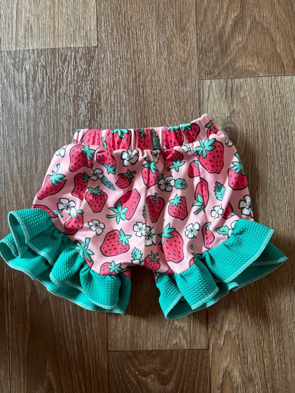 Kids Pink Strawberry shorts with Teal Ruffles